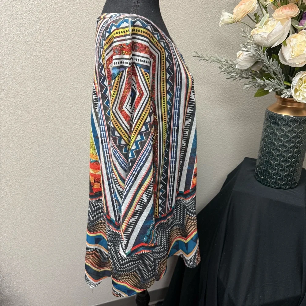 French Blue Boho Tunic Top 3X | Multicolor Aztec Print Fall Festival Blouse - Picture 5 of 8